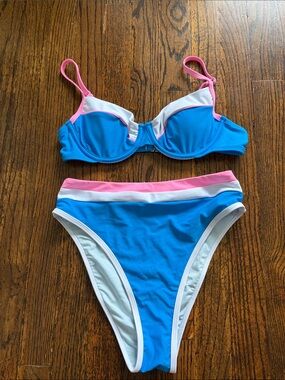 Cupshe Blue Bikini with Pink and White Trim